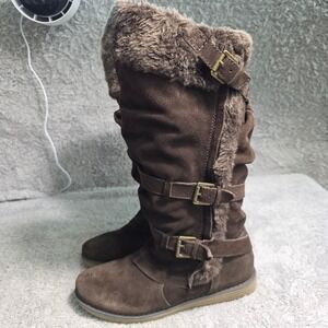 BareTraps Over the knee Winter Boots Brown Faux Fur Buckle Leather Womens 8